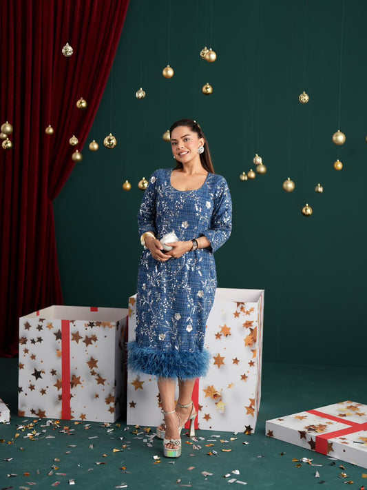 Sequin feather Midi Dress