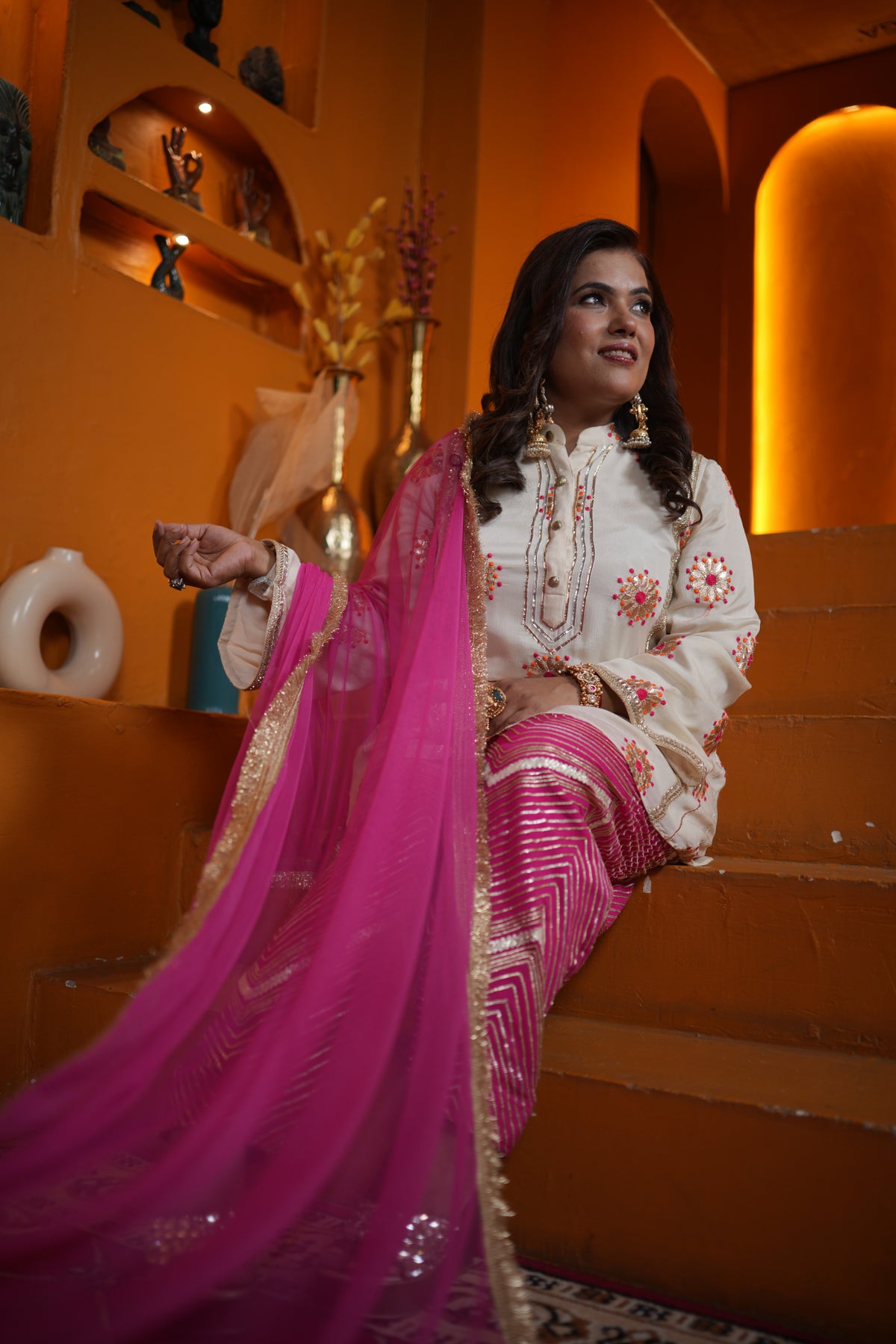 White Gulabi Farshi Set - Creamy White And Rani Pink