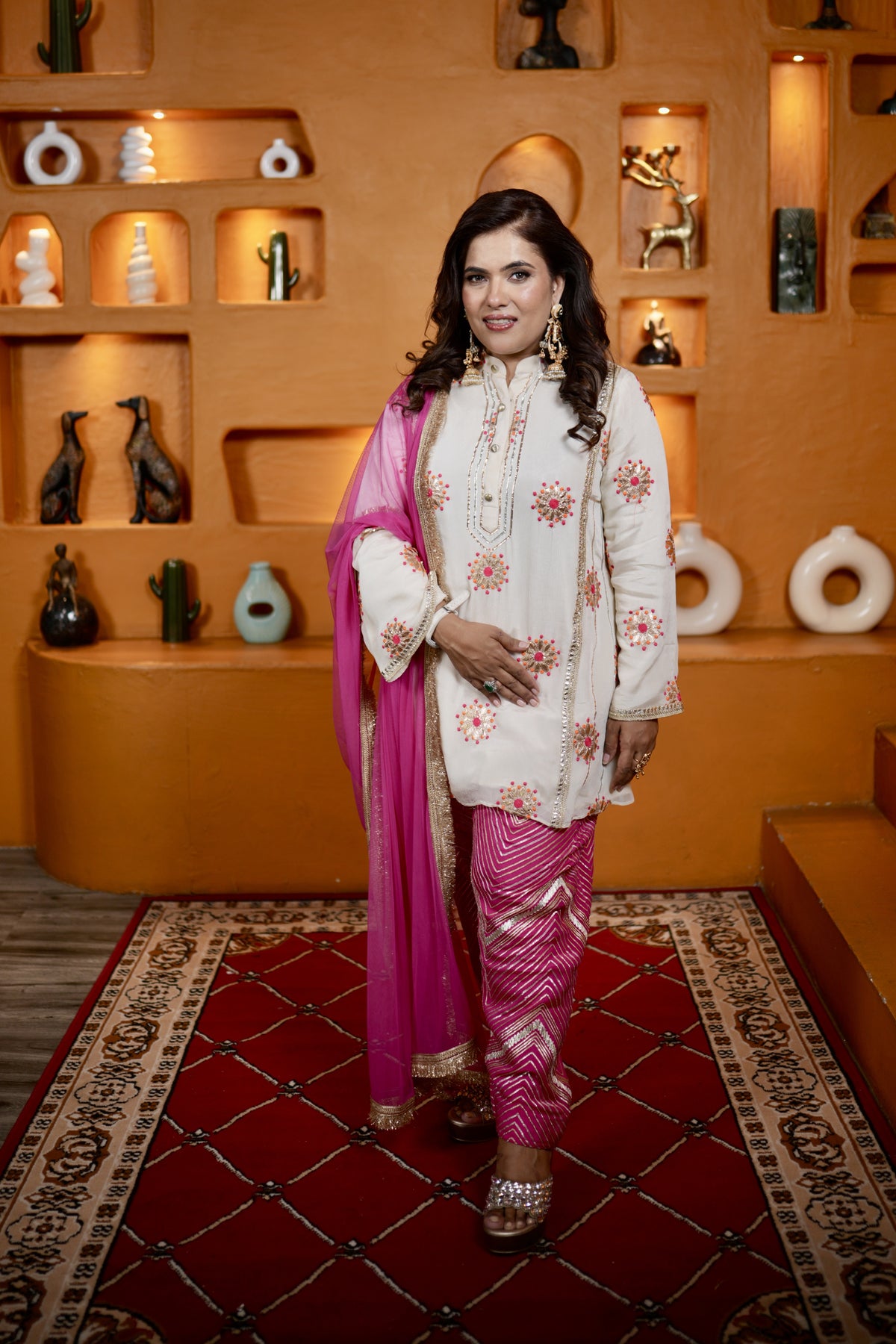 White Gulabi Farshi Set - Creamy White And Rani Pink